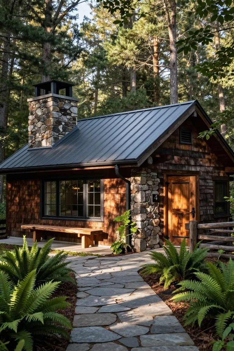 A wooden house with stone chimney accents, a dark metal roof, and a stone pathway leading to the front door, surrounded by trees and ferns.