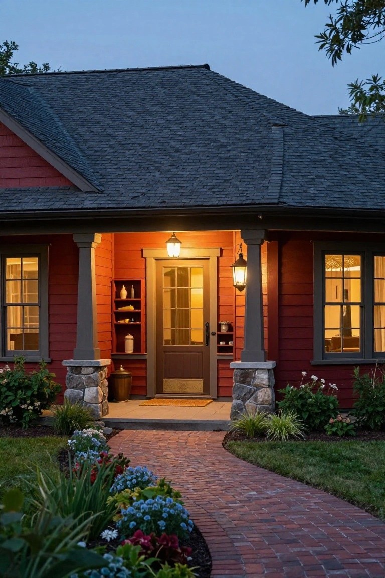 Red house entrance with glowing lanterns, brick path, and flower garden at dusk.