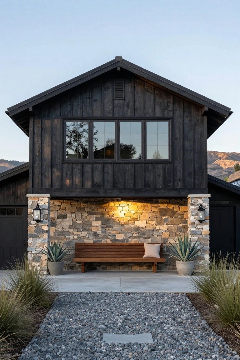 A two-story house with dark wood siding on the upper level and a stone base below, a wooden bench centered on the concrete area in front, and a gravel path leading to the house.