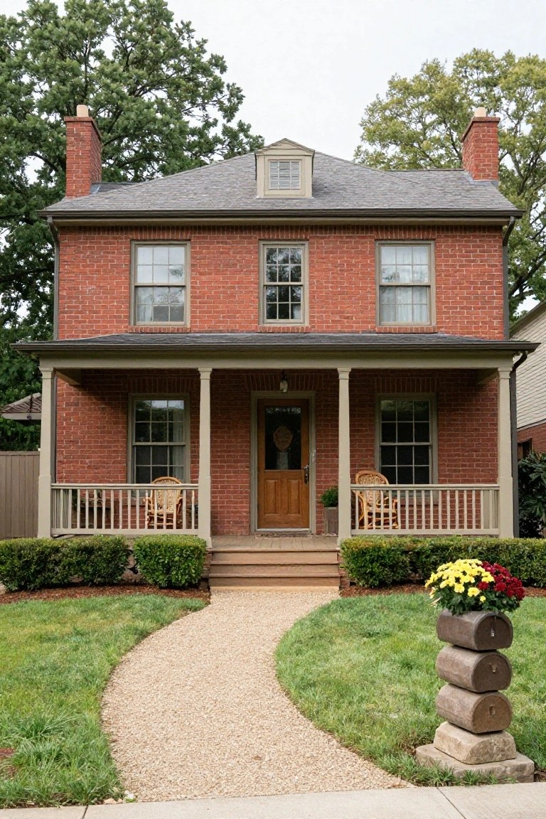 A two-story red brick house with a front porch supported by columns, a gravel path leading to the central door, and landscaping along the lawn.