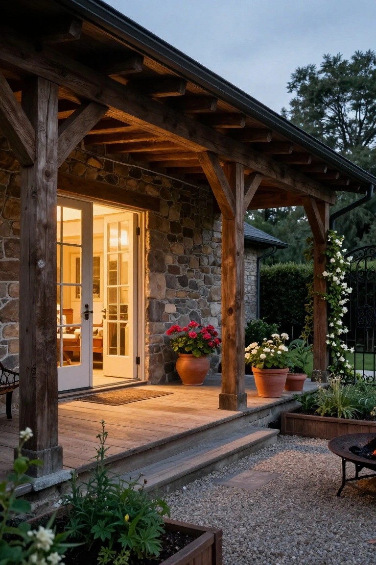 A stone house exterior with a wide wooden porch, open French doors, potted flowers on the deck, and a gravel patio with a fire pit.