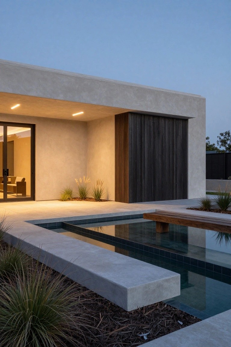 Modern concrete ranch home with a dark vertical wood accent wall next to an integrated pool and concrete deck.