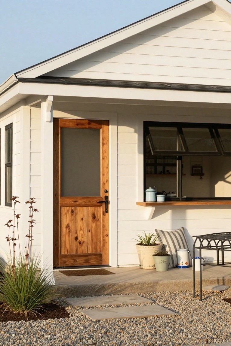 Front view of a white ranch house with horizontal siding, a wooden entry door, and an open window with a serving counter above a gravel path.