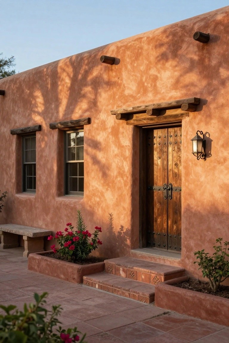 A stucco house exterior with a wooden double door under a wooden lintel, small windows to the left, and tiled steps with flower planters on either side.