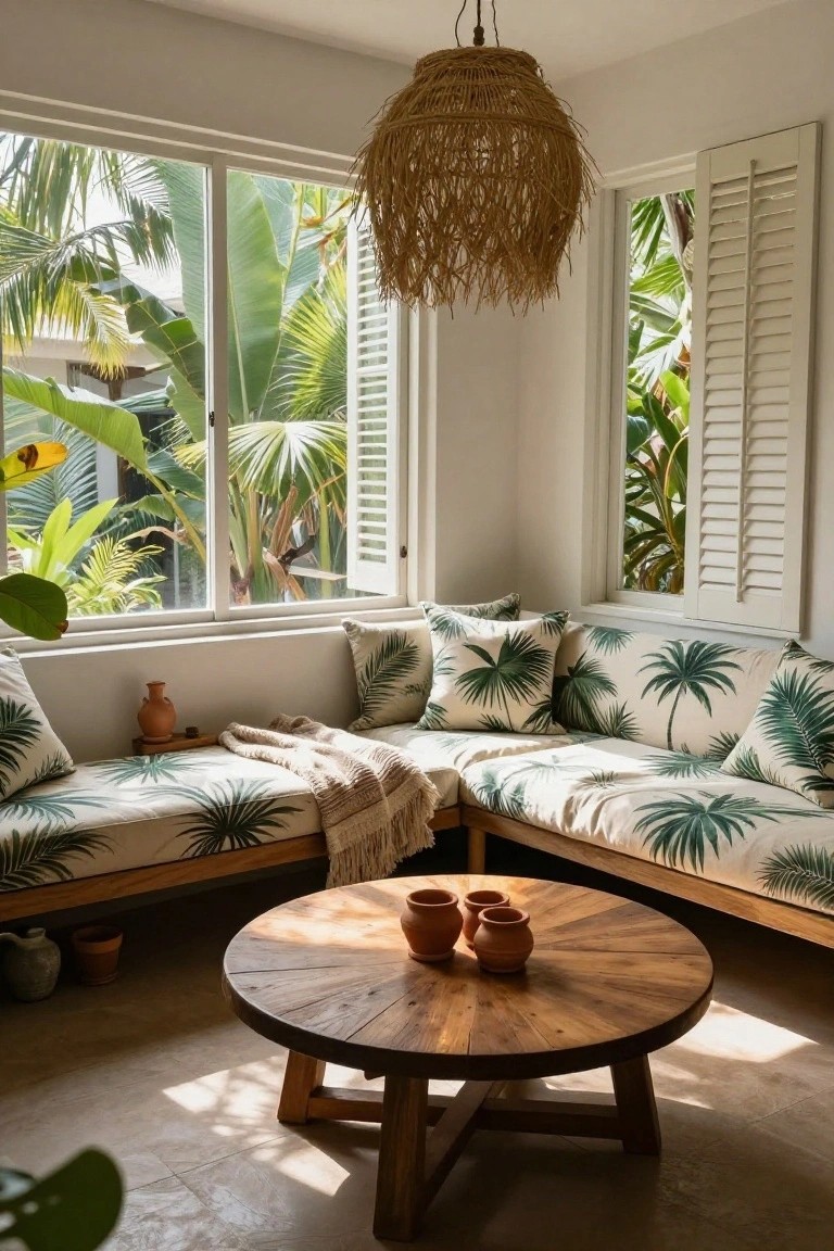 An interior corner with L-shaped wooden bench seating upholstered in white cushions with green palm patterns, large windows with white shutters, a round wooden coffee table holding three small clay pots, and tropical plants visible outside.