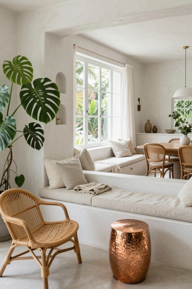 A bright white interior room with built-in window seating covered in beige cushions, a large monstera plant on the left, a rattan chair, and a copper stool in the foreground, with a dining area visible in the background.