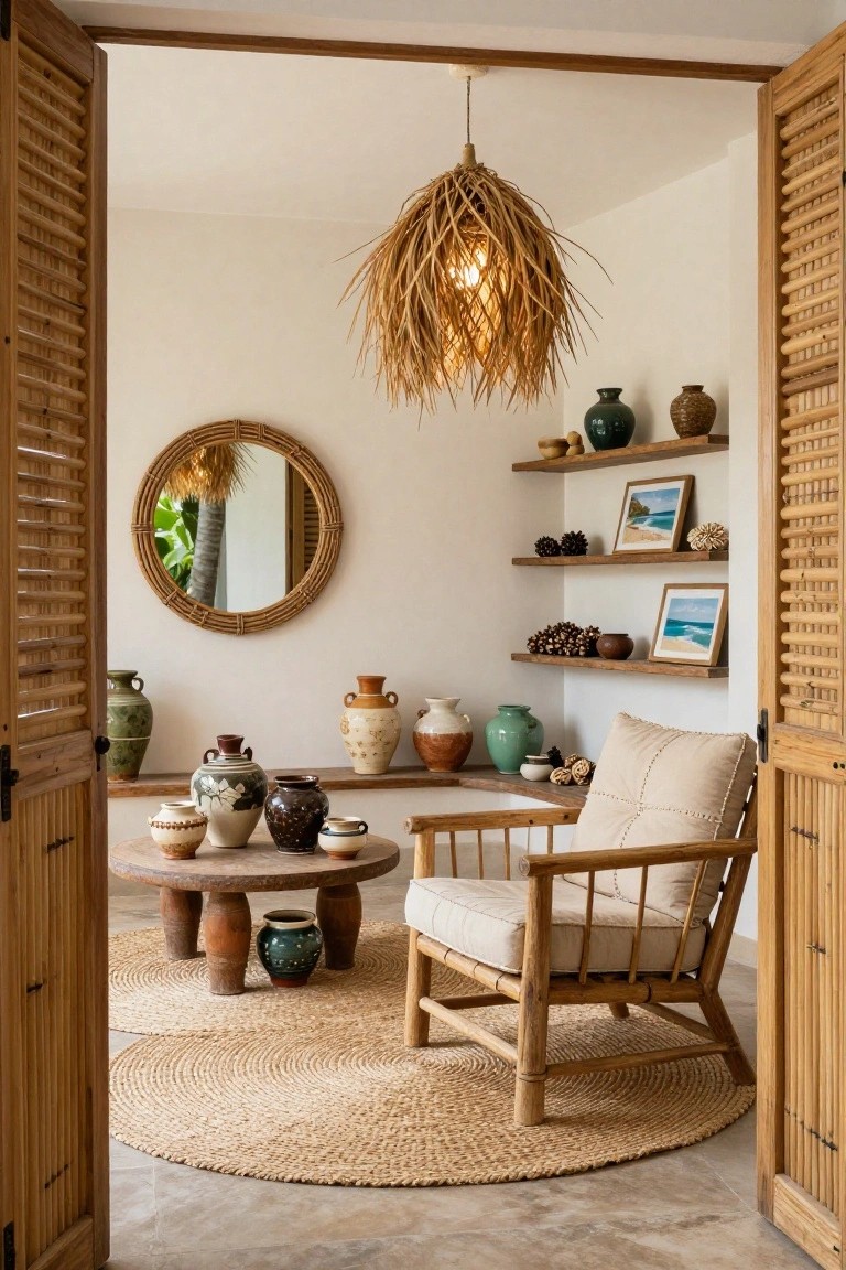 An interior view through open wooden louvered doors showing a bamboo armchair on a round jute rug, pottery on a low wooden table and wall shelves, a round rattan mirror, and a large woven pendant light.