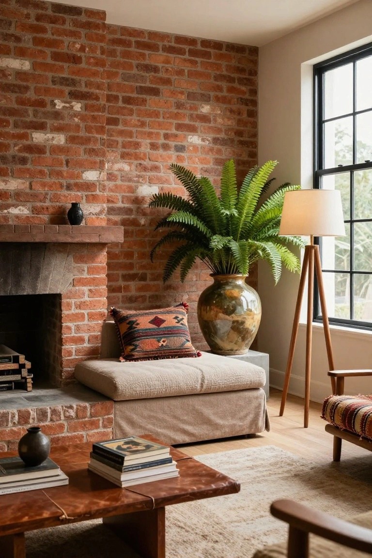 Brick fireplace, beige ottoman with pillow, fern-filled vase, tripod lamp, coffee table.