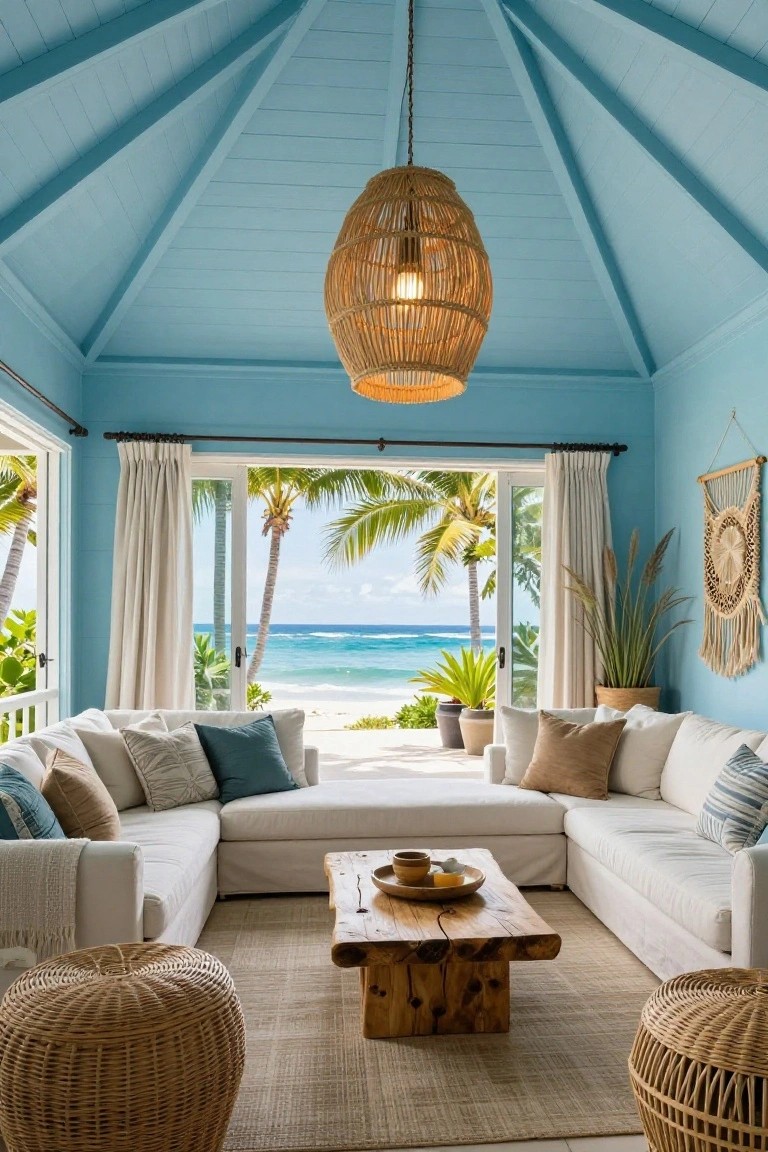 A bright living room with white sectional sofas, a wooden coffee table, woven pendant light, and large windows showing palm trees and the ocean under a blue vaulted ceiling.