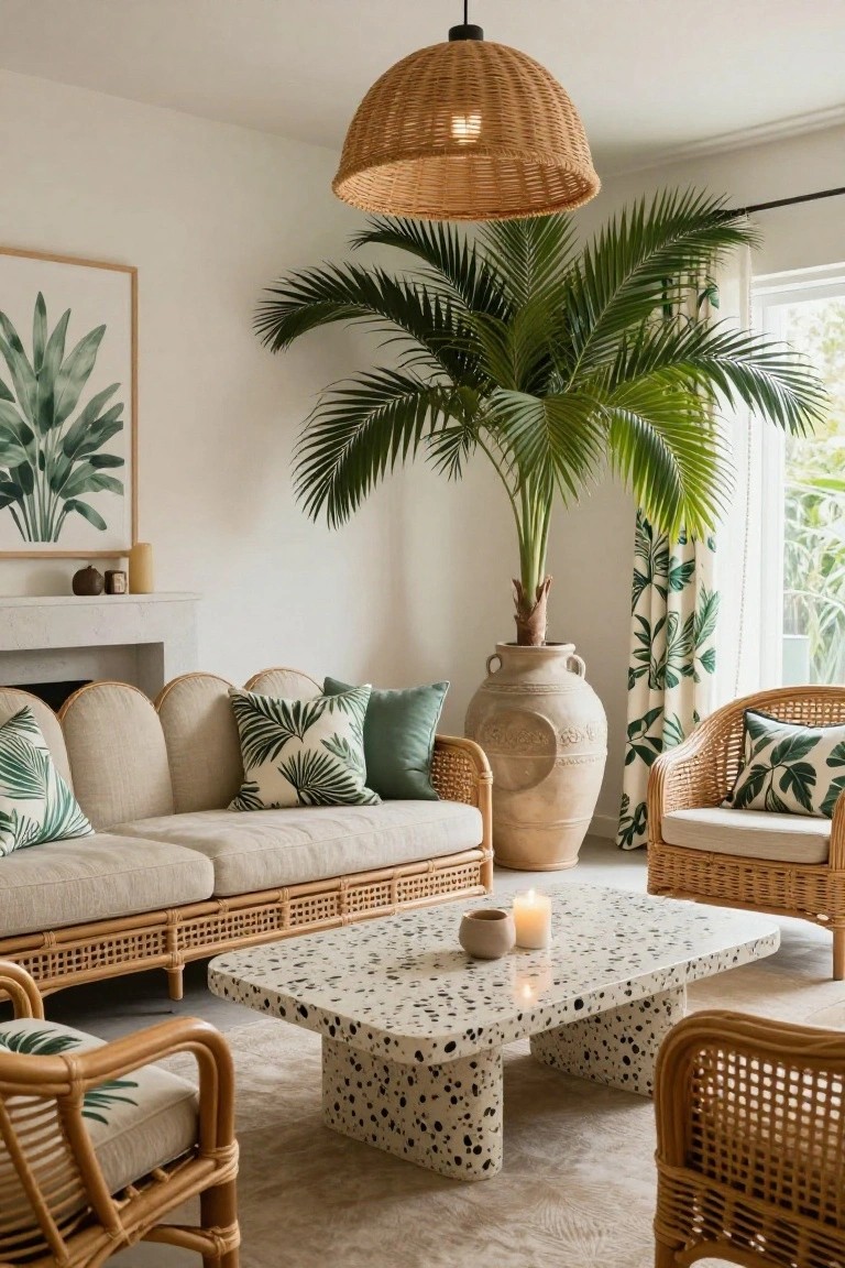 A bright living room featuring a rattan sofa, matching chairs, a large potted palm tree, and a terrazzo coffee table.