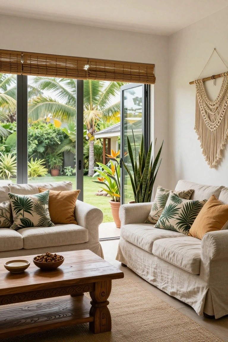 Bright living room with beige sofas, wooden table, plants, and tropical garden view
