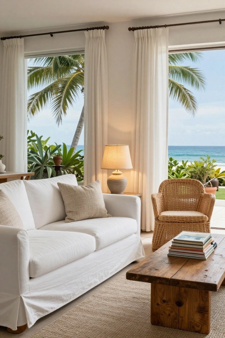 A living room with a white slipcovered sofa facing a wooden coffee table, a wicker chair nearby, and large windows showing palm trees and the ocean.