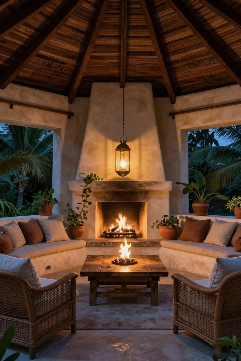 A covered outdoor living area with a large stone fireplace on one wall, a wooden table holding a small fire pit in the center, and cushioned seating arranged around it under a wooden ceiling.