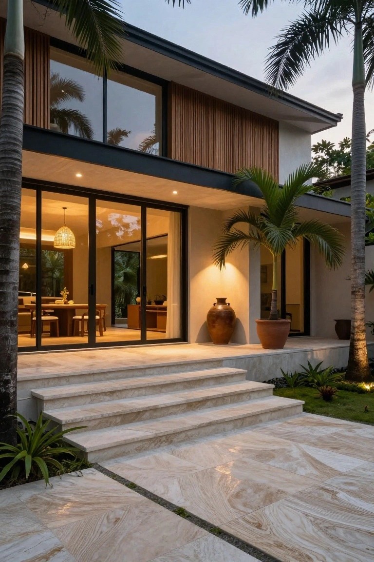 Modern house exterior with wide light stone steps leading up to large glass sliding doors, with potted clay vessels and palm trees on either side.