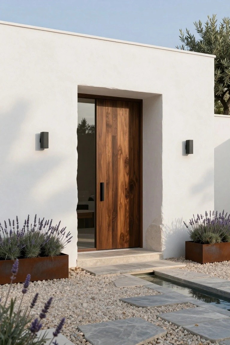 A modern villa entrance featuring a vertical wood door in a white stucco wall, with wall sconces, gravel paving, stone steps, and metal planters holding lavender.