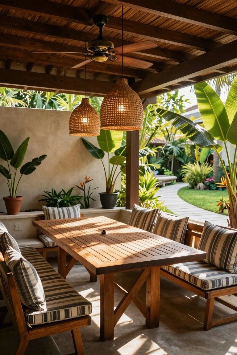A long wooden outdoor dining table with striped bench cushions sits under a covered wooden ceiling with a ceiling fan and two woven pendant lights, surrounded by tropical plants and garden views.