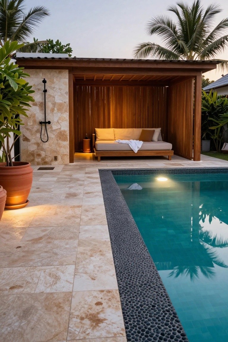 Luxurious wooden cabana with daybed beside turquoise pool and stone shower wall