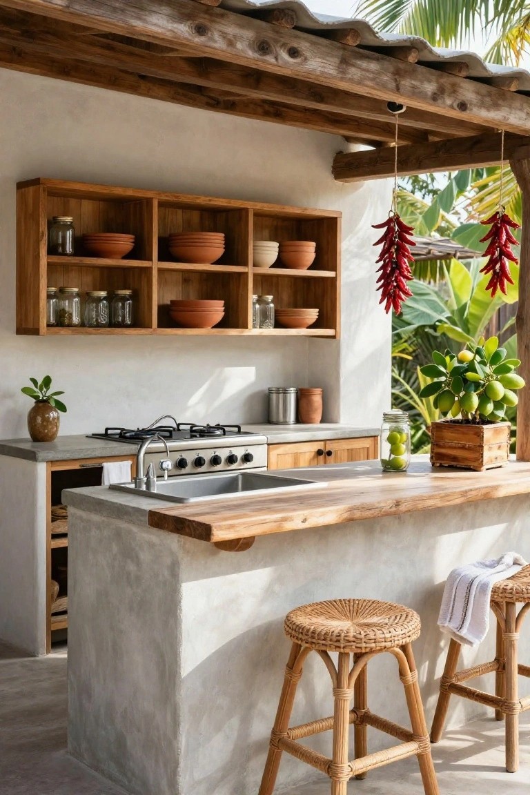 An indoor kitchen with wooden open shelves holding bowls and jars above a concrete island with a sink and stove, plus hanging dried chilies visible near the outdoor opening.