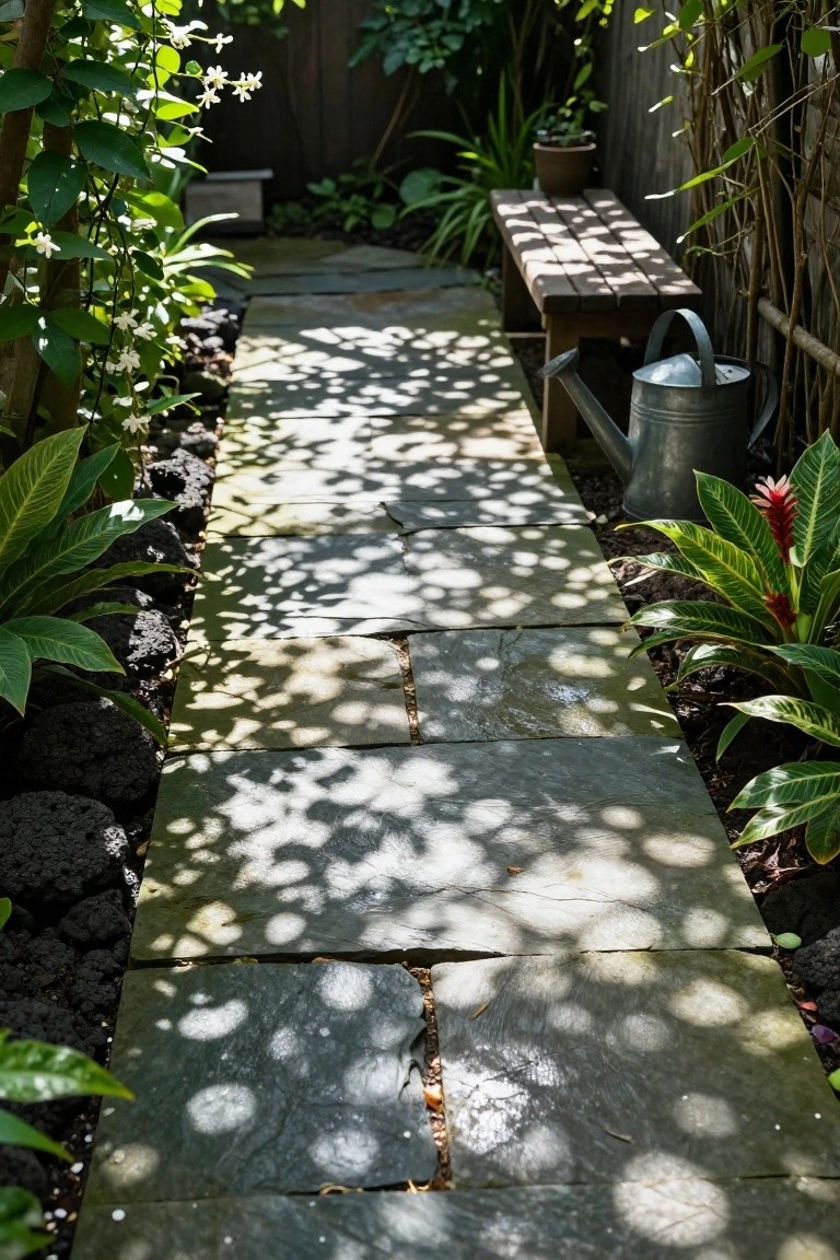 A narrow walkway of irregular gray stone slabs runs through a garden bordered by large green plants, with a wooden bench and metal watering can visible at the end of the path.