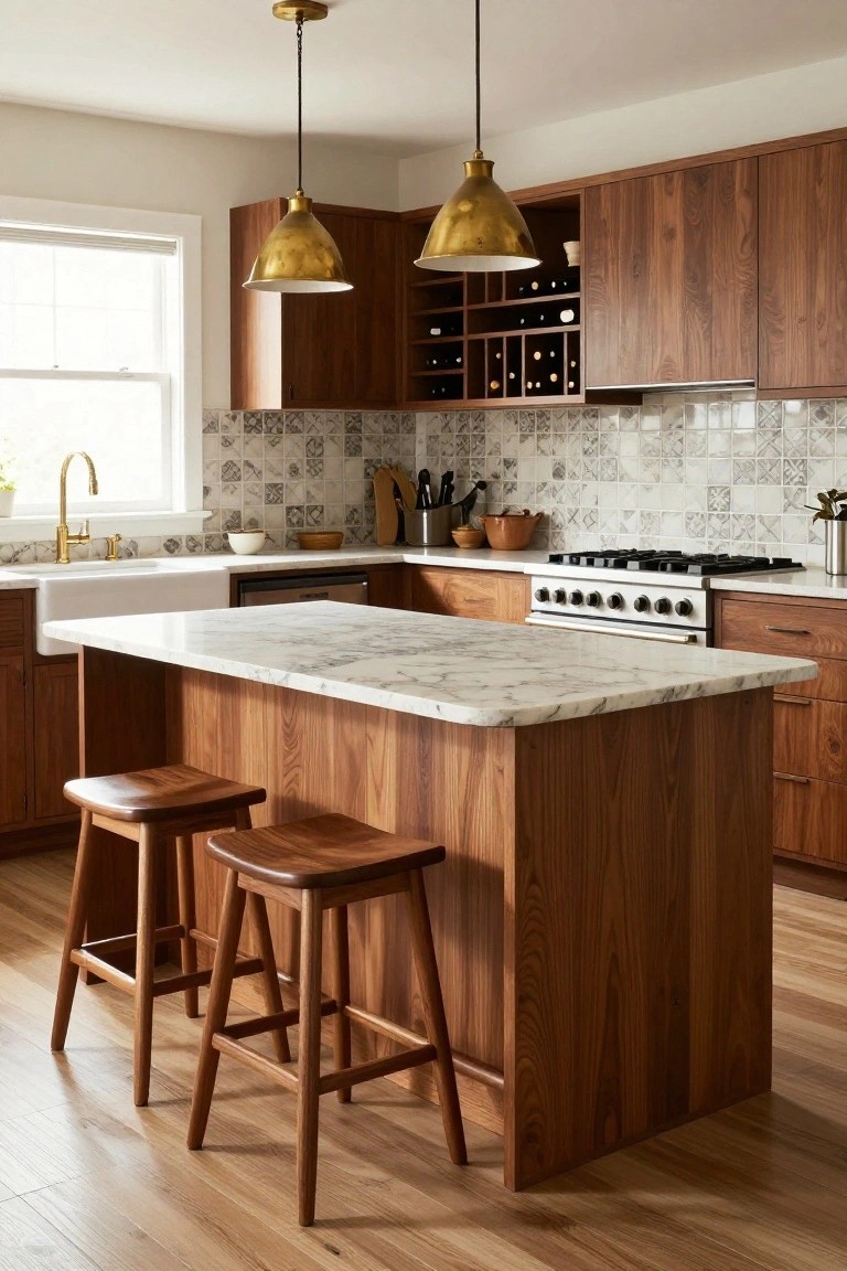 A kitchen with a large wooden island topped in white marble, two wooden bar stools, brass pendant lights, and dark wood cabinetry with open wine storage and a patterned tile backsplash.