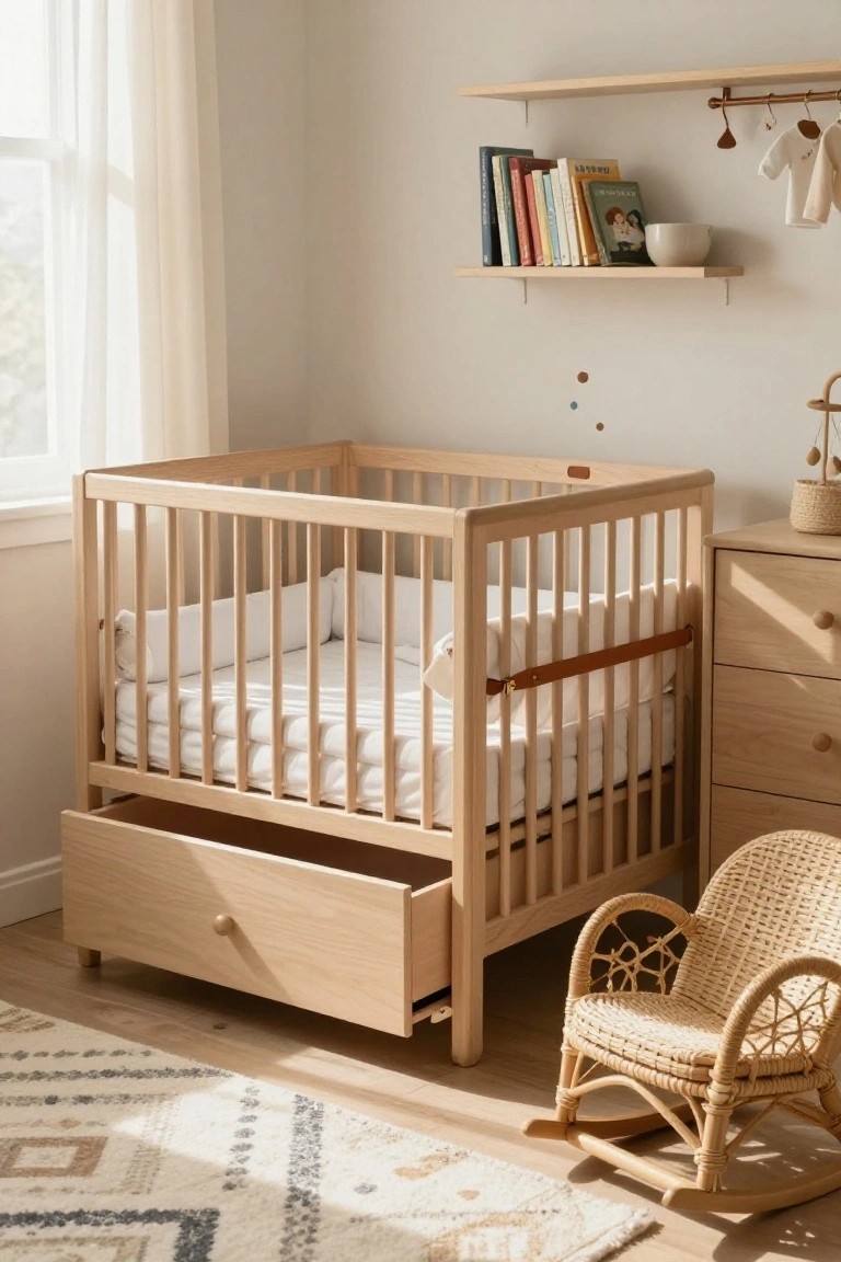 A light wood crib with a pull-out storage drawer under the mattress in a bright nursery.