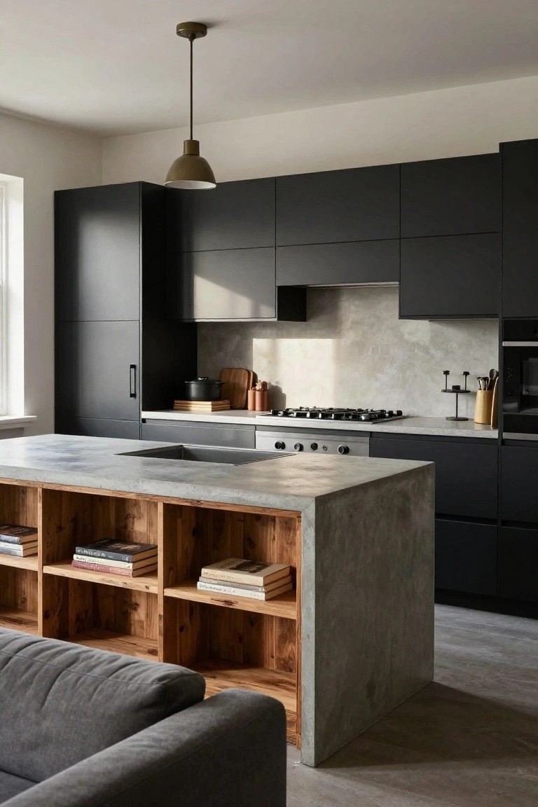 A modern kitchen with a concrete island featuring open wooden cubby shelves holding stacks of books, dark cabinetry, and a gas cooktop along the back wall.