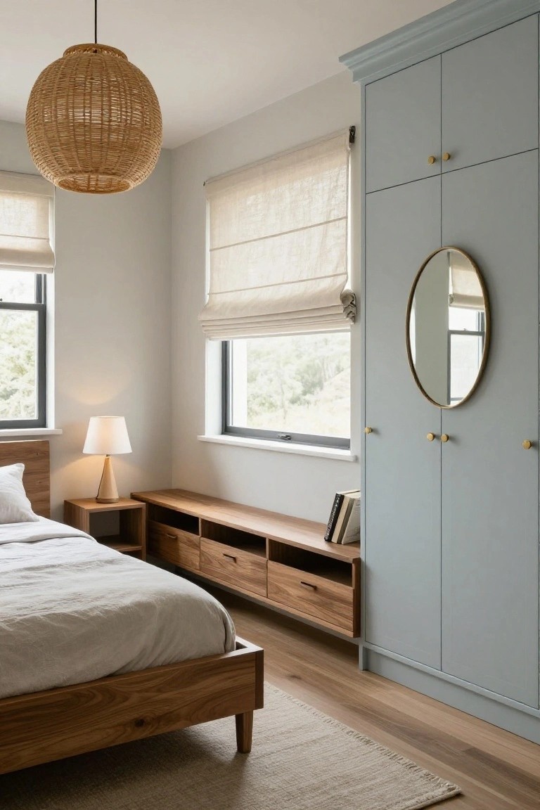 Modern bedroom with wooden bed, blue wardrobe with round mirror, woven pendant light, and floating console