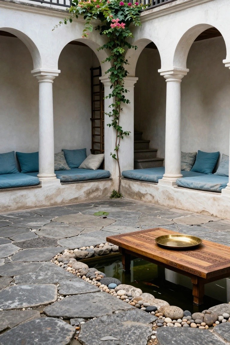 A stone-paved courtyard with white columns and arches, built-in seating with blue cushions, a wooden table holding a brass tray, and a small pond edged with pebbles.