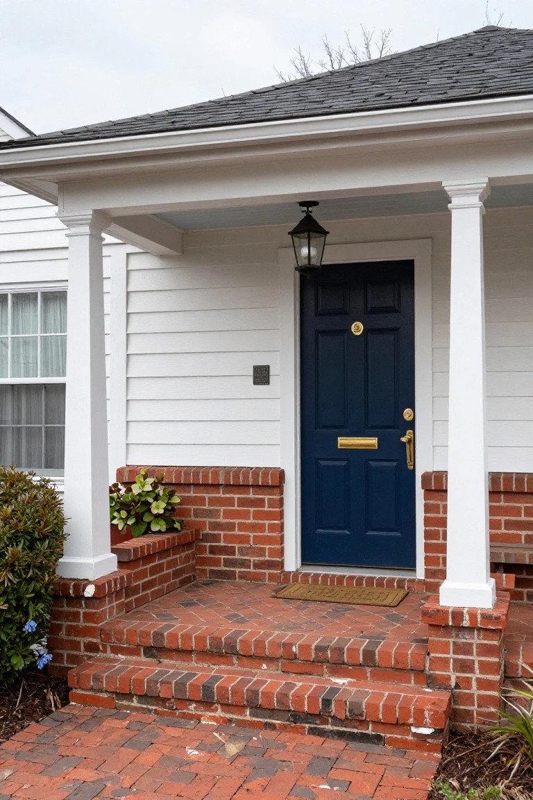 A white-sided ranch house with a navy blue front door, gold hardware, white columns, brick accents, and red brick steps.