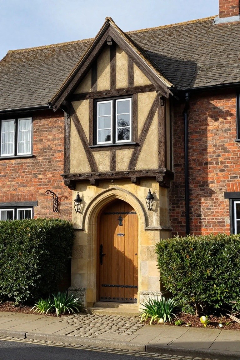 A brick house exterior featuring a wooden arched front door beneath a gabled half-timbered section, flanked by green shrubs and a cobblestone path.
