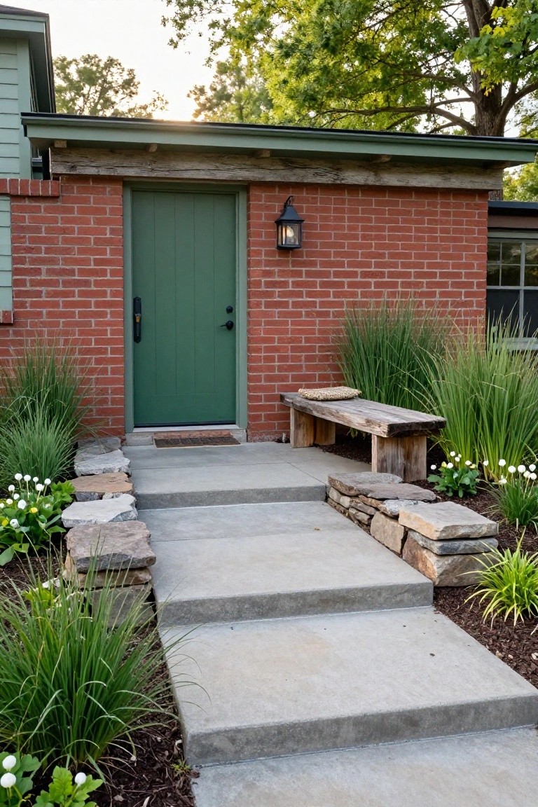A red brick ranch home with a green front door, black lantern, wooden bench to the right, and concrete steps edged with stone and plants.