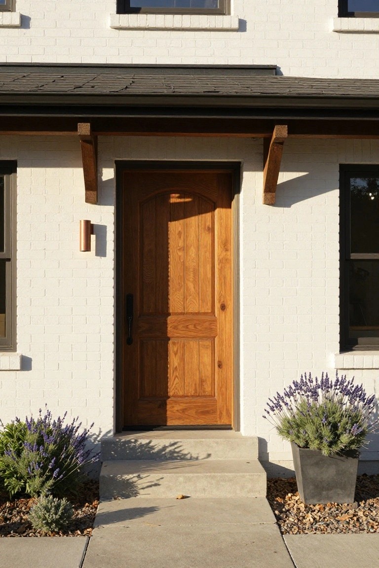 Wooden door on white brick house with concrete steps and lavender plants