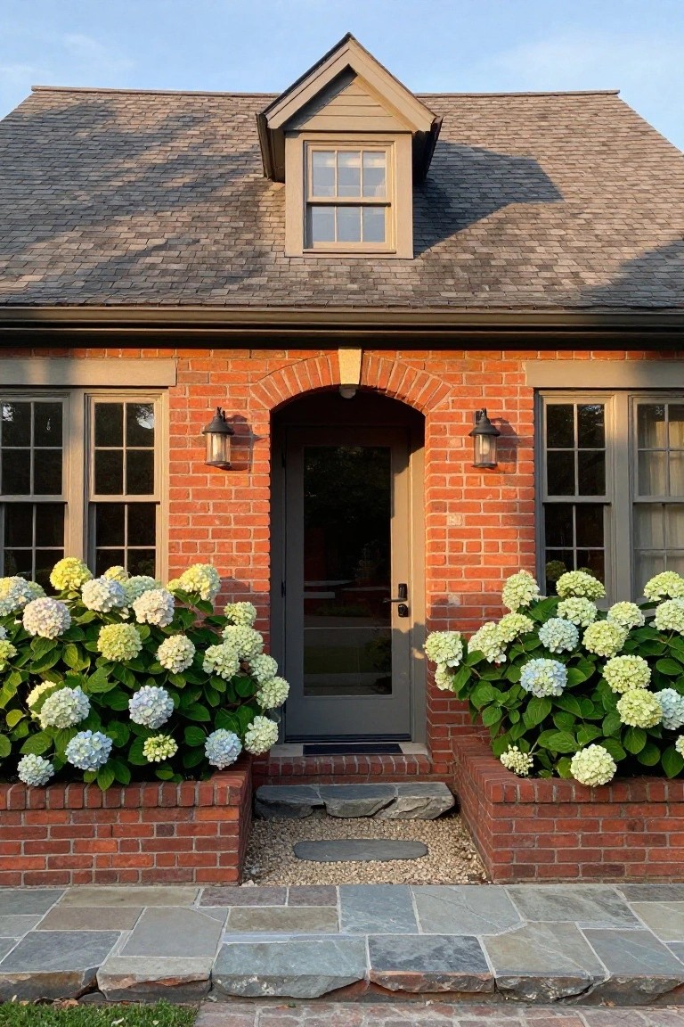 Front view of a red brick ranch house with a gray door centered under a brick arch, flanked by windows and white hydrangeas planted in low brick beds, with a stone walkway leading to the steps.