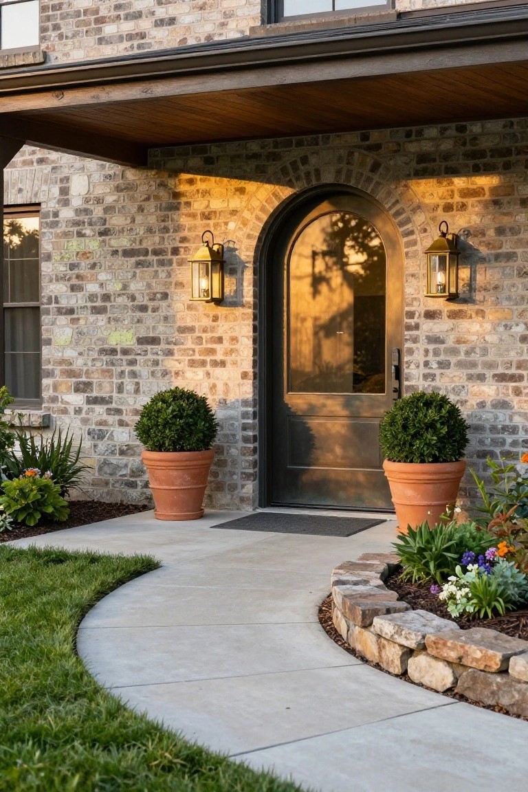 A brick ranch home exterior with an arched front door, two wall lanterns, and terracotta planters on a concrete walkway.