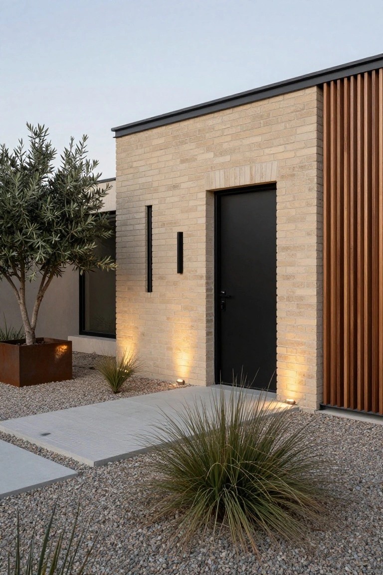 A light brick ranch home exterior with a black entry door, vertical wood siding panel to the right, and two tall narrow light fixtures beside the door.
