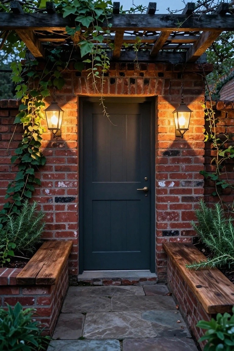 A dark gray door centered in a red brick wall with wooden benches on both sides and two lit wall lanterns.