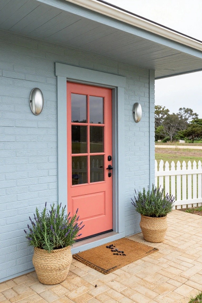 A coral front door with gray trim set in light blue siding, with two potted plants and a doormat at the entry.