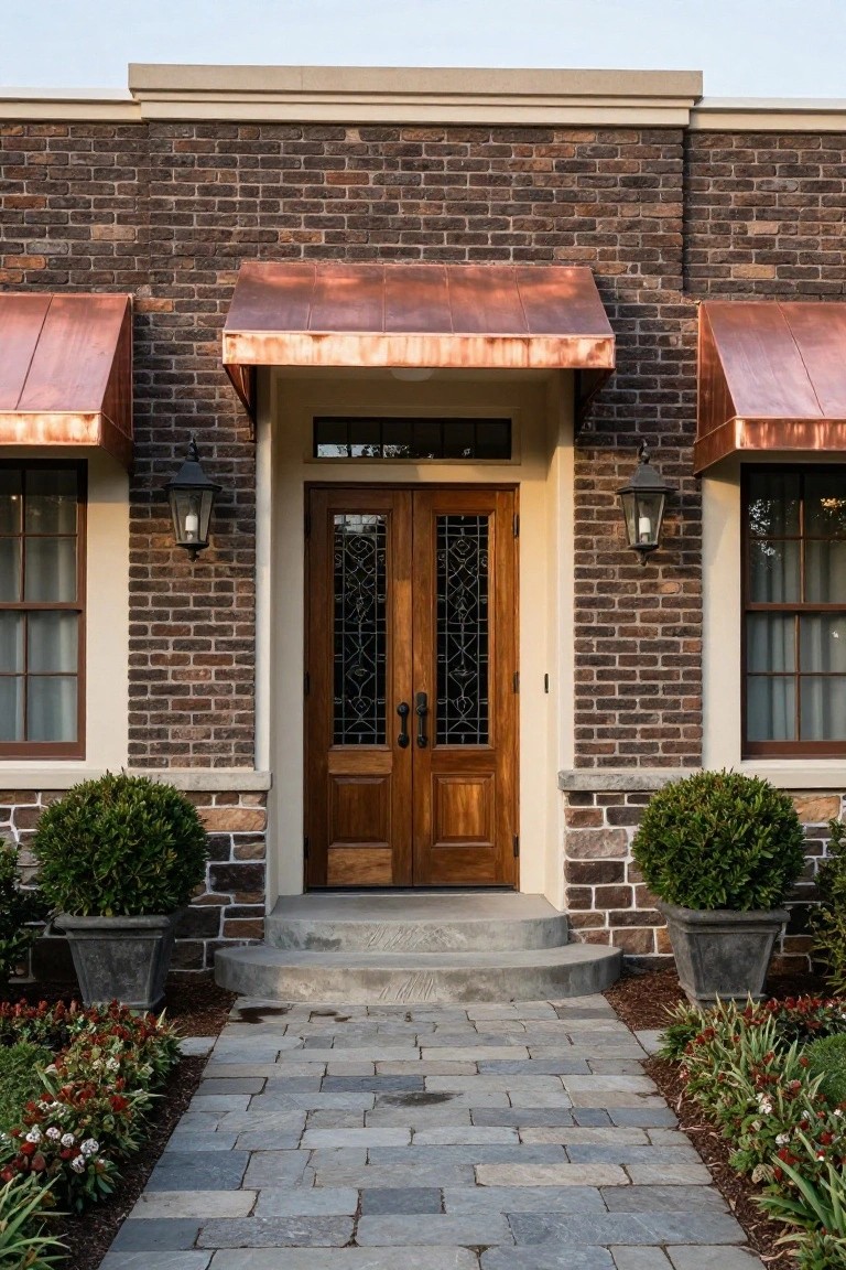 Front view of a brick house entrance with double wooden doors, a copper awning overhead, two wall lanterns, and potted shrubs beside a stone walkway.