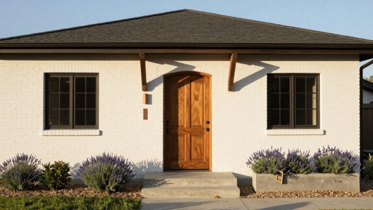 Wooden door on white brick house with concrete steps and lavender plants