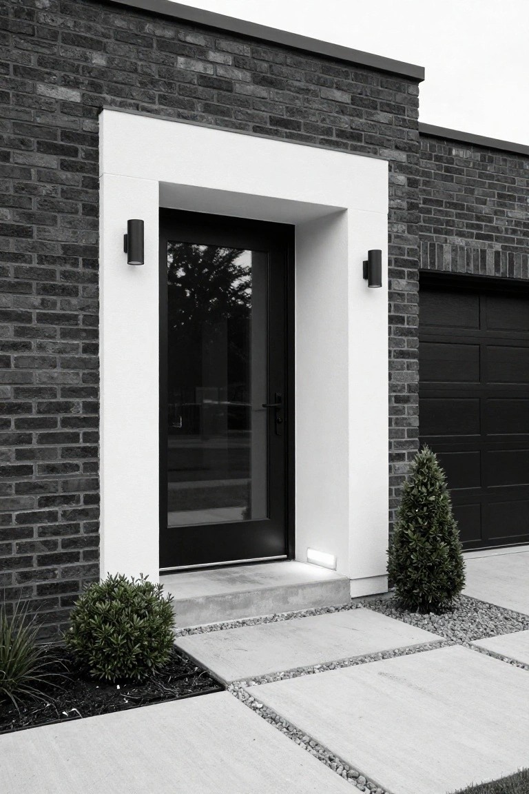 Front view of a dark brick house entrance featuring a black door inside a white rectangular surround, with two wall sconces and small shrubs on either side.