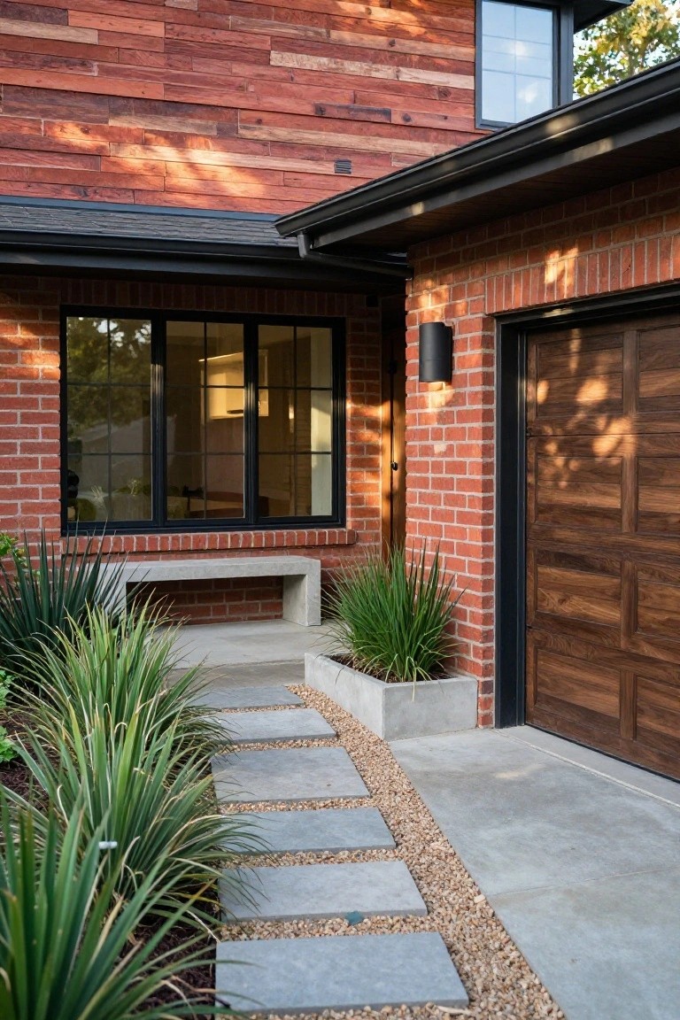 A ranch home exterior showing red brick walls topped with horizontal multi-tone wood siding, a dark wood garage door, black-framed windows, and a concrete stepping stone path through gravel and plants.