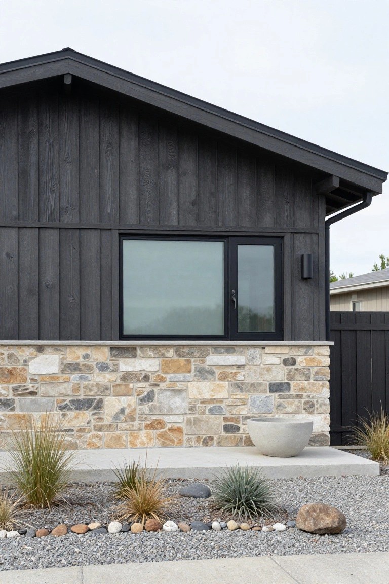Modern ranch home exterior with dark vertical wood siding above a multicolored stone base, black-framed window, and gravel landscaping in the foreground.