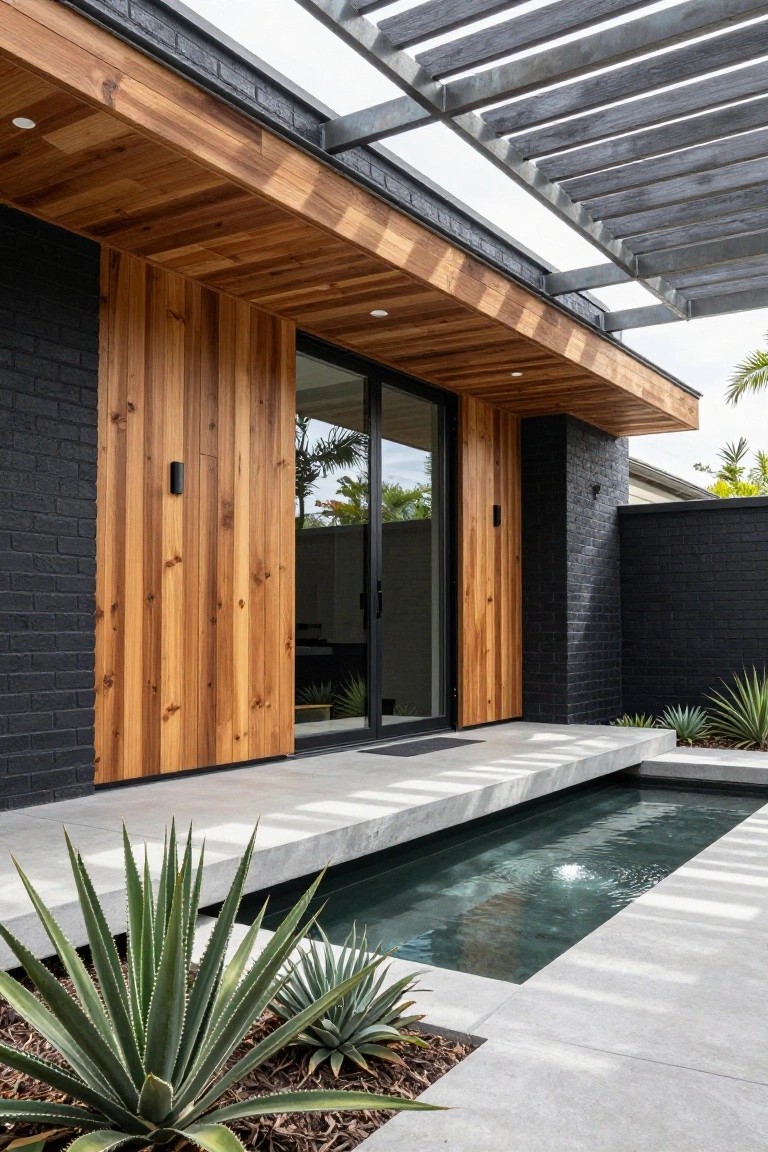 Modern ranch home exterior with vertical wood siding next to black brick walls, a concrete pool deck, and an overhead slatted roof structure.