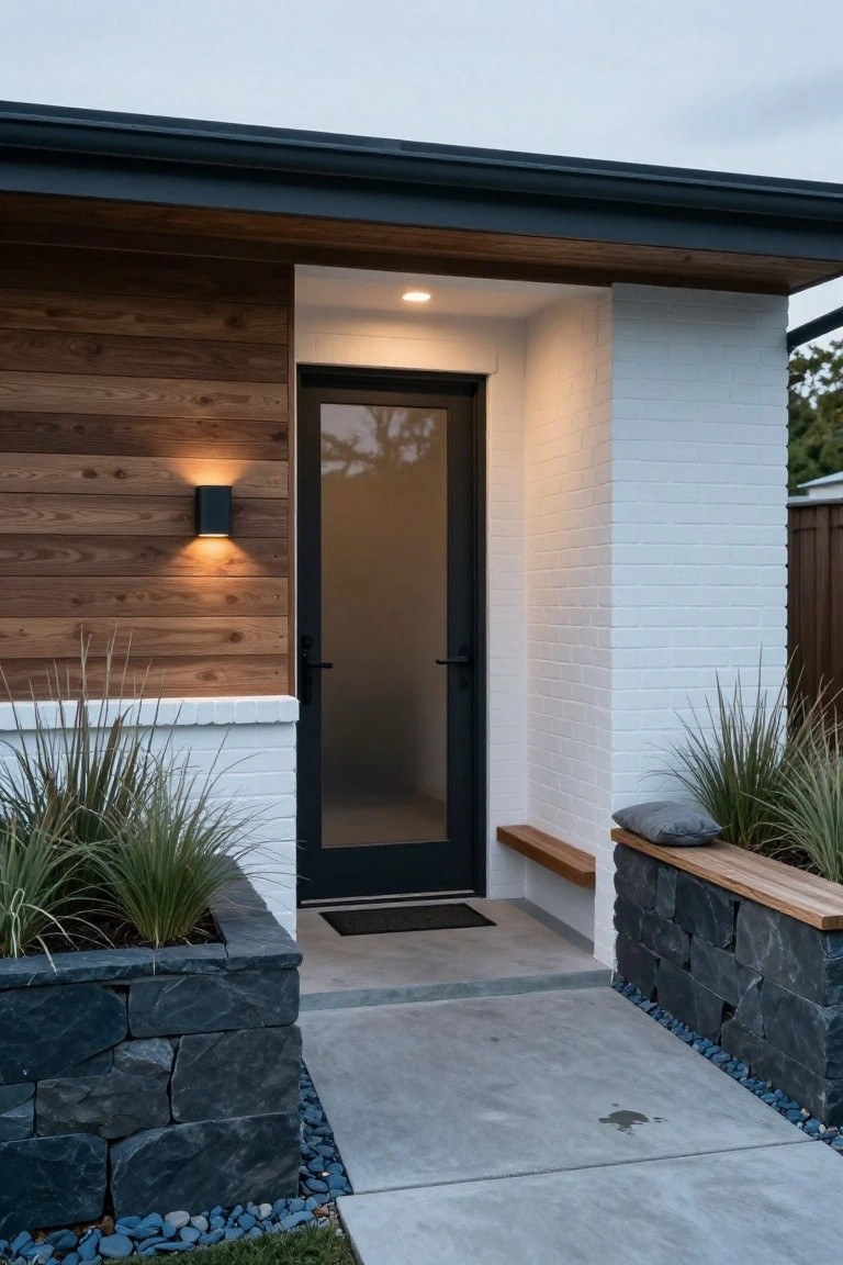 A house entry with a black door set between horizontal wood siding on the left and white brick on the right, flanked by stone planters with tall grasses.