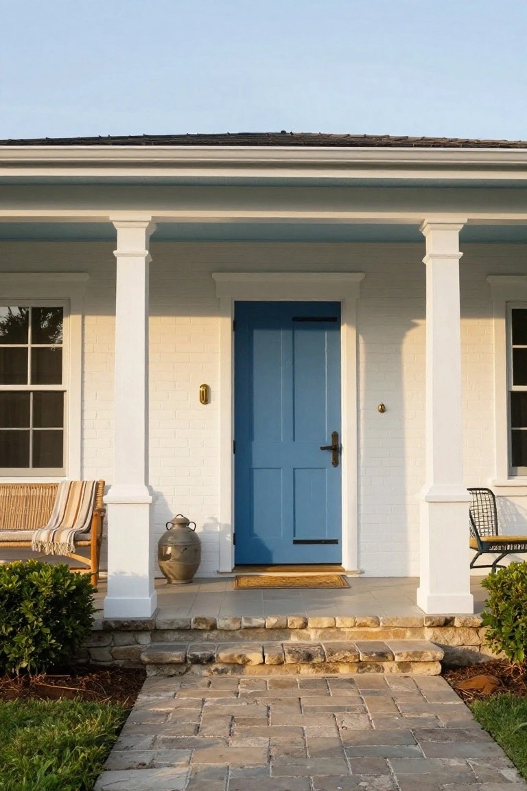 A ranch-style house with white brick siding, a bright blue front door, white columns on the porch, and stone steps leading up from a paved walkway.