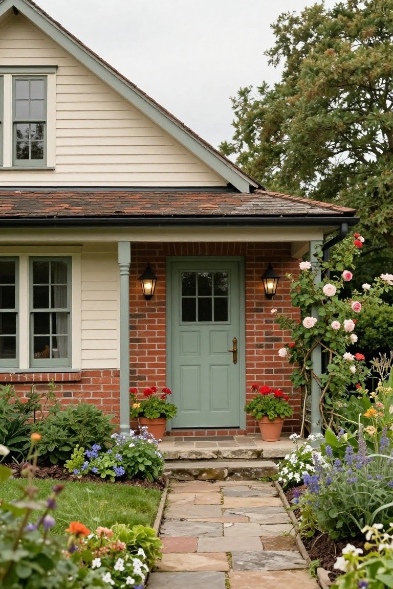 Charming house with green door, brick walls, white siding, and colorful flower-lined stone path.