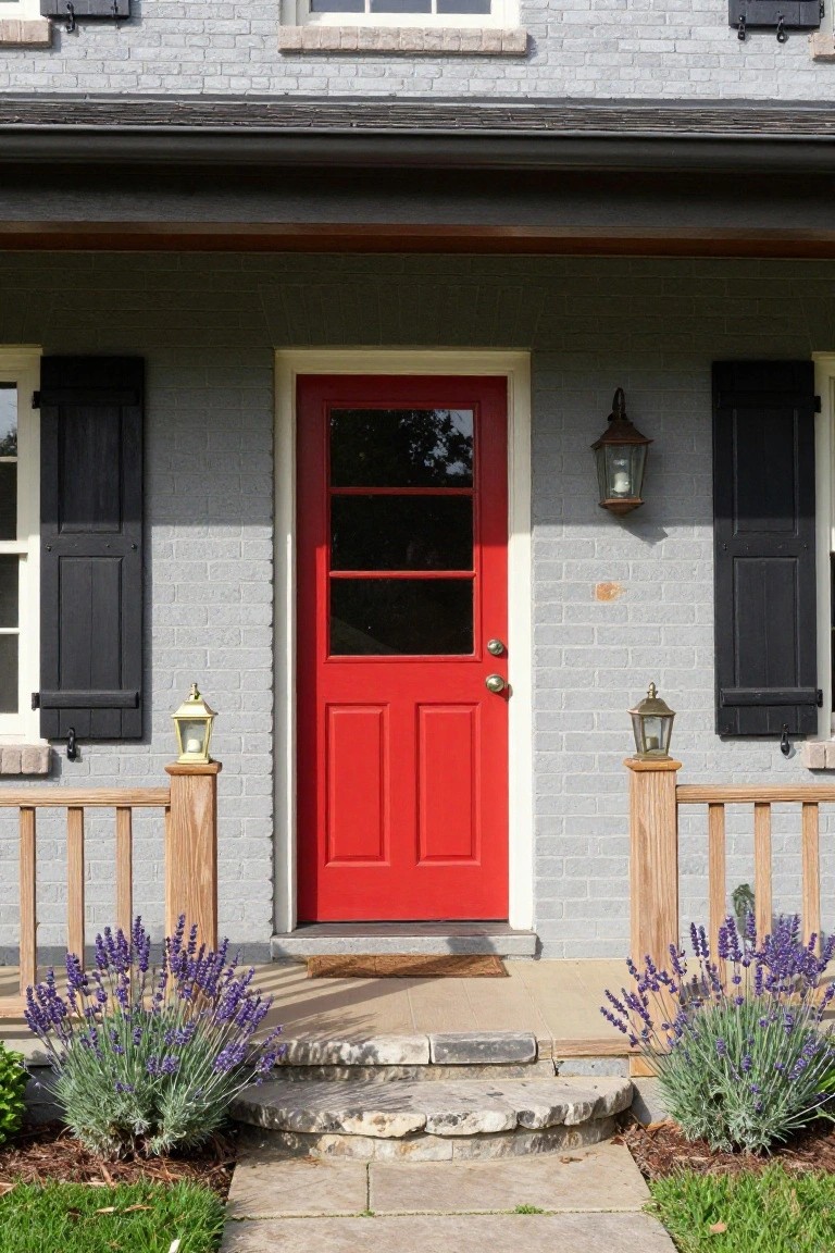 A red front door centered on a gray brick house with black shutters, flanked by small lanterns and lavender plants.