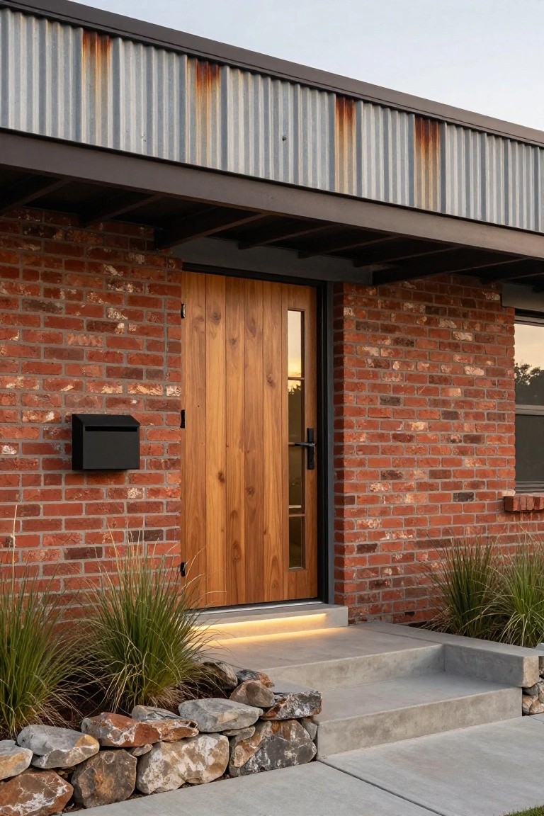 A wooden front door with vertical glass panel set into a red brick wall beneath a corrugated metal roof overhang, with concrete steps and stone edging at the base.