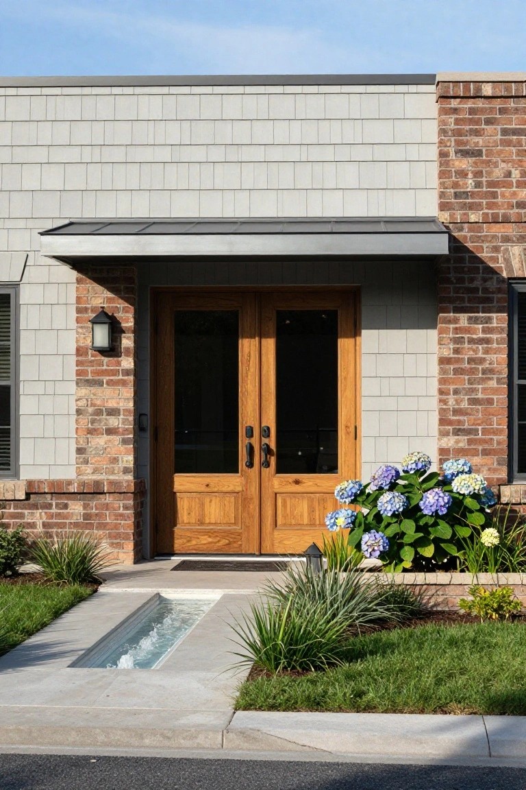 Front view of a ranch home with gray siding, brick accents, and double wooden doors beneath a narrow metal overhang, with a small water feature and hydrangeas in the foreground.
