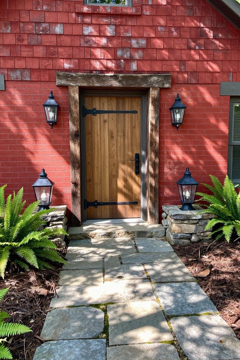 A red brick house exterior with a wooden front door framed by rustic wood trim, black lanterns mounted on the brick, ferns in stone planters, and a stone pathway leading to the door.